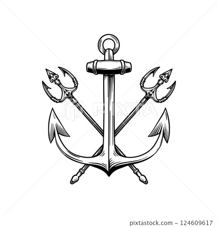 Illustration of sea anchor with crossed tridents. Design element for logo, sign, emblem. Vector illustration 124609617