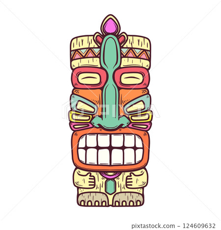 Traditional polynesian tiki idol. Illustration of tribal tiki mask. Design element for decorations. Vector illustration 124609632