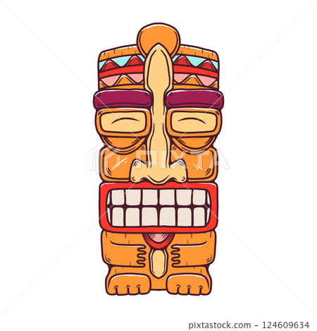 Traditional polynesian tiki idol. Illustration of tribal tiki mask. Design element for decorations. Vector illustration 124609634