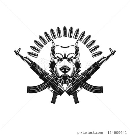 Angry dog head with crossed assault rifles. Design element for poster, emblem, sign. Vector illustration Angry dog head with crossed assault rifles. Design element for poster, emblem, sign. Vector illustration 124609641