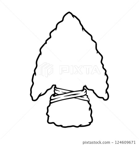 Illustration of stone arrowhead. Design element for poster, card, banner, logo, emblem. Vector illustration 124609671