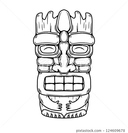 Traditional polynesian tiki idol. Illustration of tribal tiki mask. Design element for decorations. Vector illustration 124609678