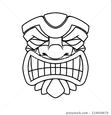 Illustration of Tiki tribal wooden mask. Design element for logo, emblem, sign, poster, card, banner. Vector illustration Illustration of Tiki tribal wooden mask. Design element for logo, emblem, sign, poster, card, banner. Vector illustration 124609679