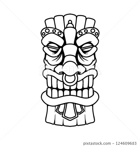 Illustration of Tiki tribal wooden mask. Design element for logo, emblem, sign, poster, card, banner. Vector illustration Illustration of Tiki tribal wooden mask. Design element for logo, emblem, sign, poster, card, banner. Vector illustration 124609683