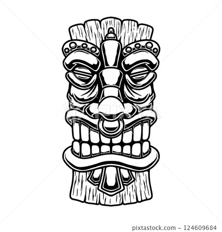 Illustration of Tiki tribal wooden mask. Design element for logo, emblem, sign, poster, card, banner. Vector illustration 124609684