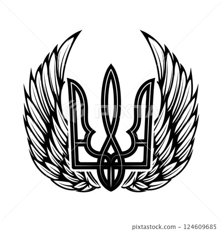 Ukrainian trident with wings. Ukrainian sign. Design for label, badge, emblem, poster card. Vector illustration 124609685