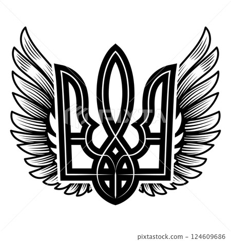 Ukrainian trident with wings. Ukrainian sign. Design for label, badge, emblem, poster card. Vector illustration 124609686