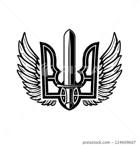 Ukrainian trident with wings. Ukrainian sign. Design for label, badge, emblem, poster card. Vector illustration Ukrainian trident with wings. Ukrainian sign. Design for label, badge, emblem, poster card. Vector illustration 124609687