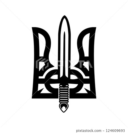Stylized ukrainian trident with sword shape. Ukrainian sign. Design for label, badge, emblem, poster card. Vector illustration 124609693