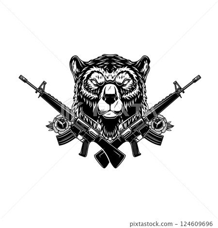 Angry bear head with crossed assault rifles. Design element for poster, emblem, sign. Vector illustration 124609696