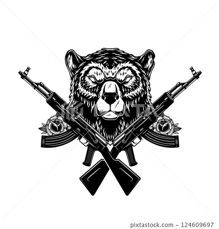Angry bear head with crossed assault rifles. Design element for poster, emblem, sign. Vector illustration 124609697