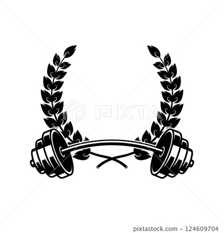 Emblem template with barbell and wreath. Design element for logo, sign, emblem. Vector illustration 124609704