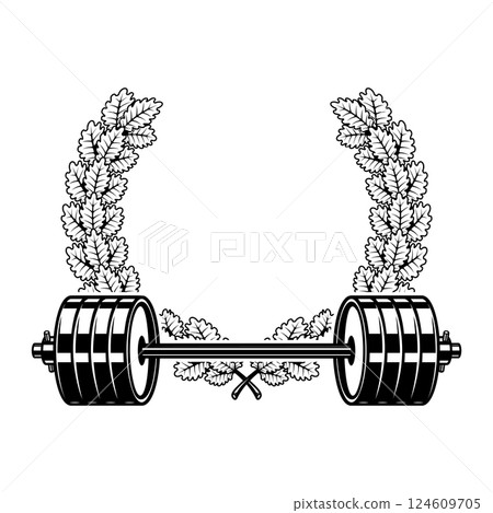 Emblem template with barbell and wreath. Design element for logo, sign, emblem. Vector illustration 124609705