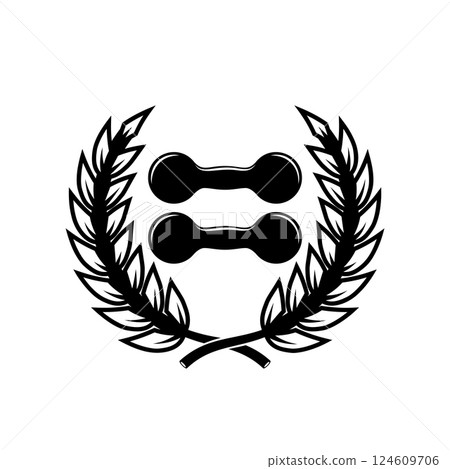 Emblem template with crossed dumbbells and wreath. Design element for logo, sign, emblem. Vector illustration 124609706