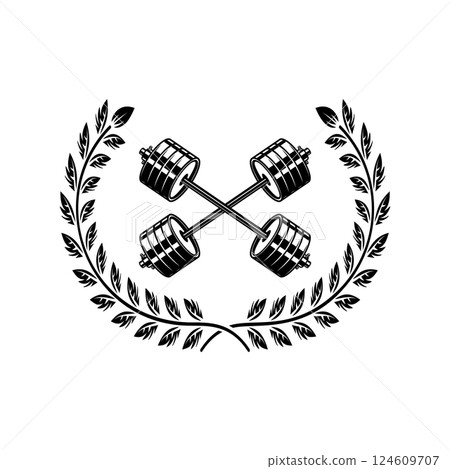 Emblem template with crossed barbells and wreath. Design element for logo, sign, emblem. Vector illustration 124609707