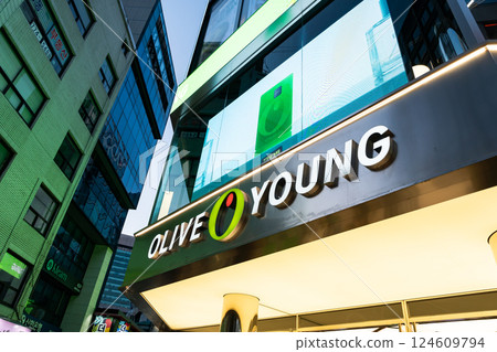 Olive Young flagship store entrance, Myeongdong, spring blue sky, Seoul, Korea 124609794