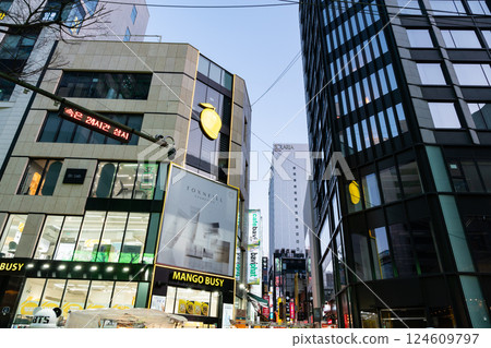 Scenery of Myeongdong, walking around the city at dusk, blue sky in spring, Seoul, Korea Scenery of Myeongdong, walking around the city at dusk, blue sky in spring, Seoul, Korea 124609797