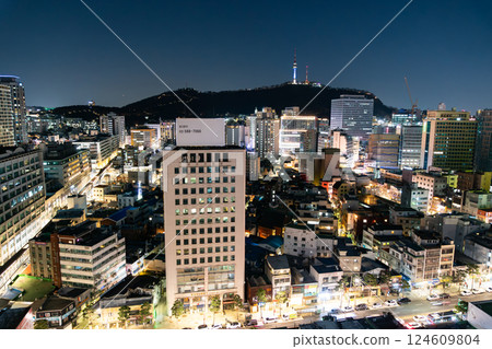 Night view of Seoul, Korea, from the rooftop of Hotel The Botanic Sewoon Myeongdong, Namsan Tower 124609804