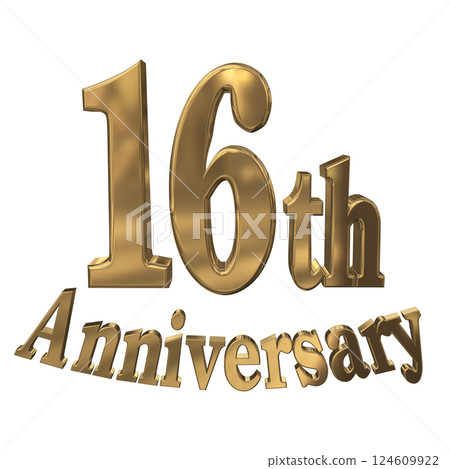 3DCG 字母「16 週年/16 週年紀念標誌閃亮」金色，金色 124609922