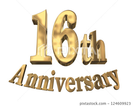3DCG 字母「16 週年/16 週年紀念標誌閃亮」金色,金色 3DCG 字母「16 週年/16 週年紀念標誌閃亮」金色,金色 124609923