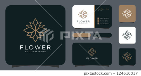 Flower mono line luxury logo with business card design Flower mono line luxury logo with business card design 124610017