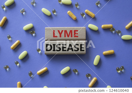 Lyme Disease symbol. Concept word Lyme Disease on wooden blocks. Beautiful purple background with pills. Medicine and Lyme Disease concept. Copy space 124610040