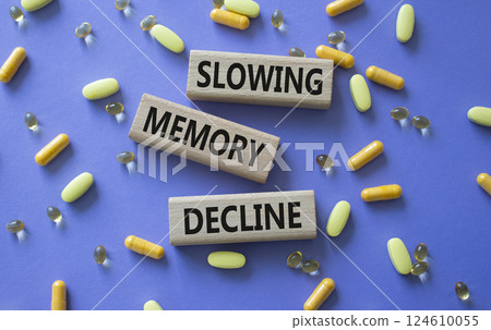Slowing Memory Decline symbol. Concept words Slowing Memory Decline on wooden blocks. Beautiful purple background with pills. Healthcare and Slowing Memory Decline concept. Copy space. 124610055