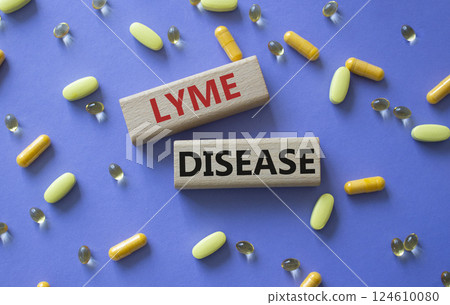 Lyme Disease symbol. Concept word Lyme Disease on wooden blocks. Beautiful purple background with pills. Medicine and Lyme Disease concept. Copy space 124610080