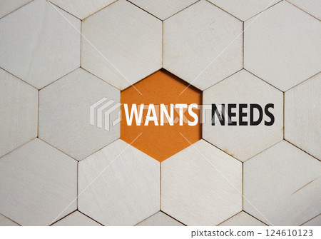 Wants and Needs symbol. Concept word Wants and Needs on wooden comb puzzle. Beautiful orange background. Business and Wants and Needs concept. Copy space 124610123
