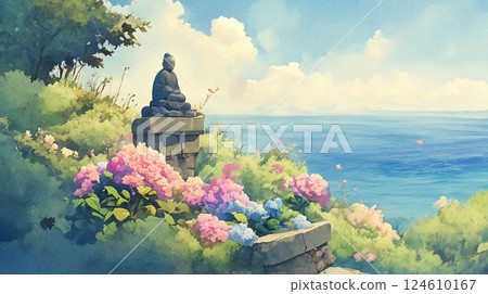 A relaxing summer landscape of hydrangeas and the sea, Japanese-style watercolor touch 124610167