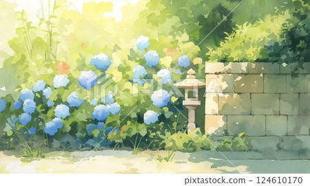 繡球花和大海的令人放鬆的夏日風景，日式水彩畫風格 124610170