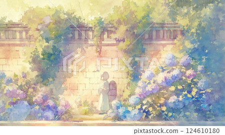 繡球花和大海的令人放鬆的夏日風景，日式水彩畫風格 124610180