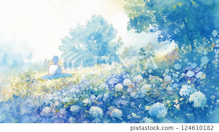 繡球花和大海的令人放鬆的夏日風景，日式水彩畫風格 124610182