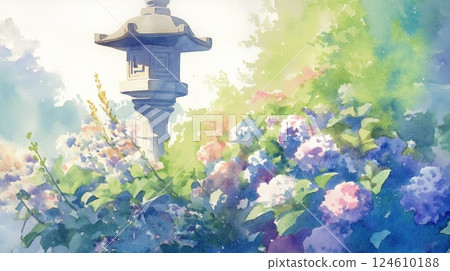 水彩風格的繡球花和地藏菩薩像營造出寧靜的自然景觀 124610188