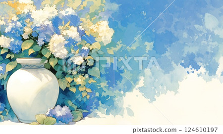 A calm natural landscape with watercolor-style hydrangeas and Jizo statues 124610197