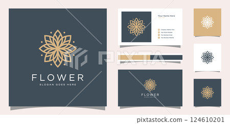 Creative elegant flower with leaf element logo and business card. logo for beauty cosmetics yoga and spa Creative elegant flower with leaf element logo and business card. logo for beauty cosmetics yoga and spa 124610201