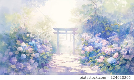 繡球花和地藏菩薩像守護的寧靜海濱風景插畫 124610205