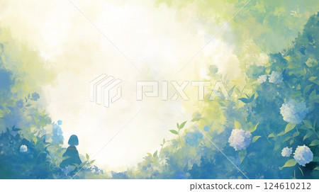 繡球花和地藏菩薩像守護的寧靜海濱風景插畫 124610212