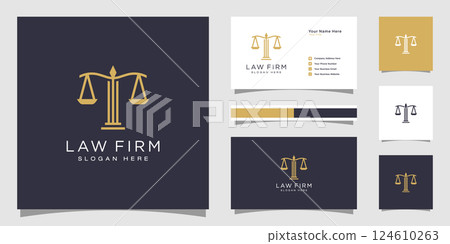 Symbol lawyer attorney advocate template linear style company logotype and business card 124610263