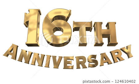 3DCG 字母「16 週年/16 週年紀念標誌閃亮」金色，金色 124610402