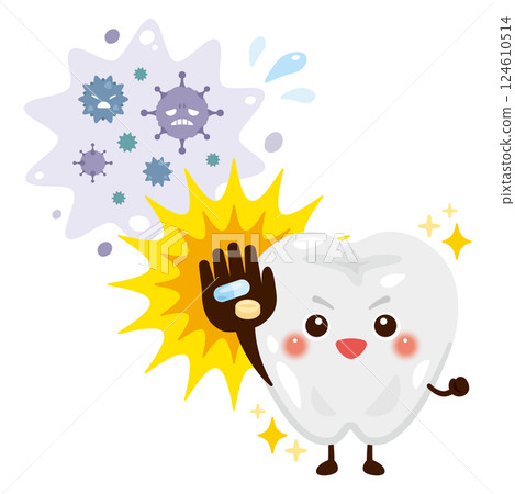 Character illustration of a tooth that becomes healthy by eliminating bacteria with medicine Character illustration of a tooth that becomes healthy by eliminating bacteria with medicine 124610514