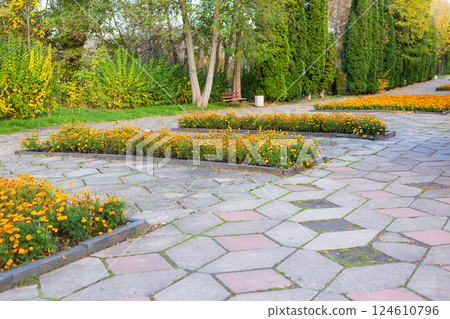 A picturesque park pathway features vibrant orange marigolds planted in geometric patterns, creating a visually appealing landscape 124610796