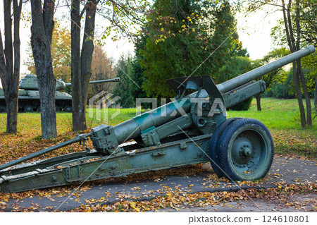 A rusty old military field cannon rests on the ground near a tank, surrounded by autumn leaves 124610801