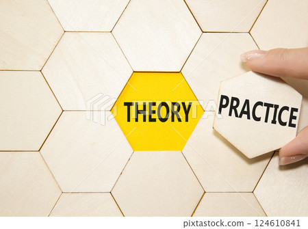 Theory or Practice symbol. Concept word Theory or Practice on wooden puzzle. Businessman hand. Beautiful yellow background. Business and Theory or Practice concept. Copy space 124610841
