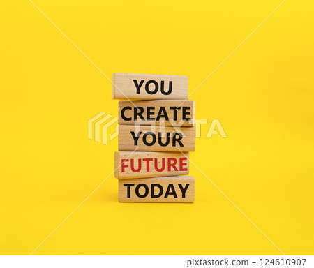 Future and development symbol. Wooden blocks with words You Create your Future today. Businessman hand. Beautiful blue background. Business and Future and development concept. Copy space. 124610907