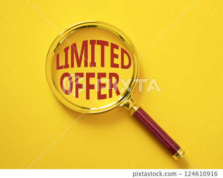 Limited Offer symbol. Magnifying Glass with Concept word Limited Offer. Beautiful yellow background. Business and Limited Offer concept. Copy space Limited Offer symbol. Magnifying Glass with Concept word Limited Offer. Beautiful yellow background. Business and Limited Offer concept. Copy space 124610916