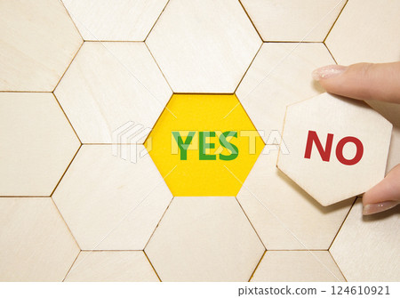 Yes or No symbol. Concept word Yes or No on wooden puzzle. Businessman hand. Beautiful yellow background. Business and Yes or No concept. Copy space 124610921