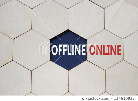 Offline or Online symbol. Concept word Offline or Online on wooden comb puzzle. Beautiful deep blue background. Business and Offline or Online concept. Copy space 124610922