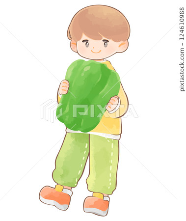 蔬菜和孩子：一個男孩拿著一個大甜椒 124610988