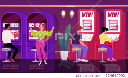People win jackpot on casino slot machine, gambling game, vector illustration of cartoon casino entertainment industry 124610992